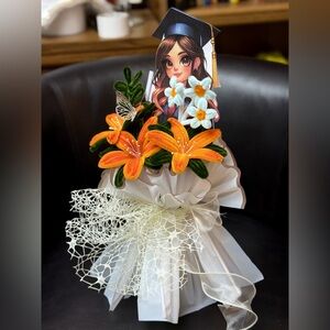 Handmade Orange Velvet Lily Bouquet with White Accents